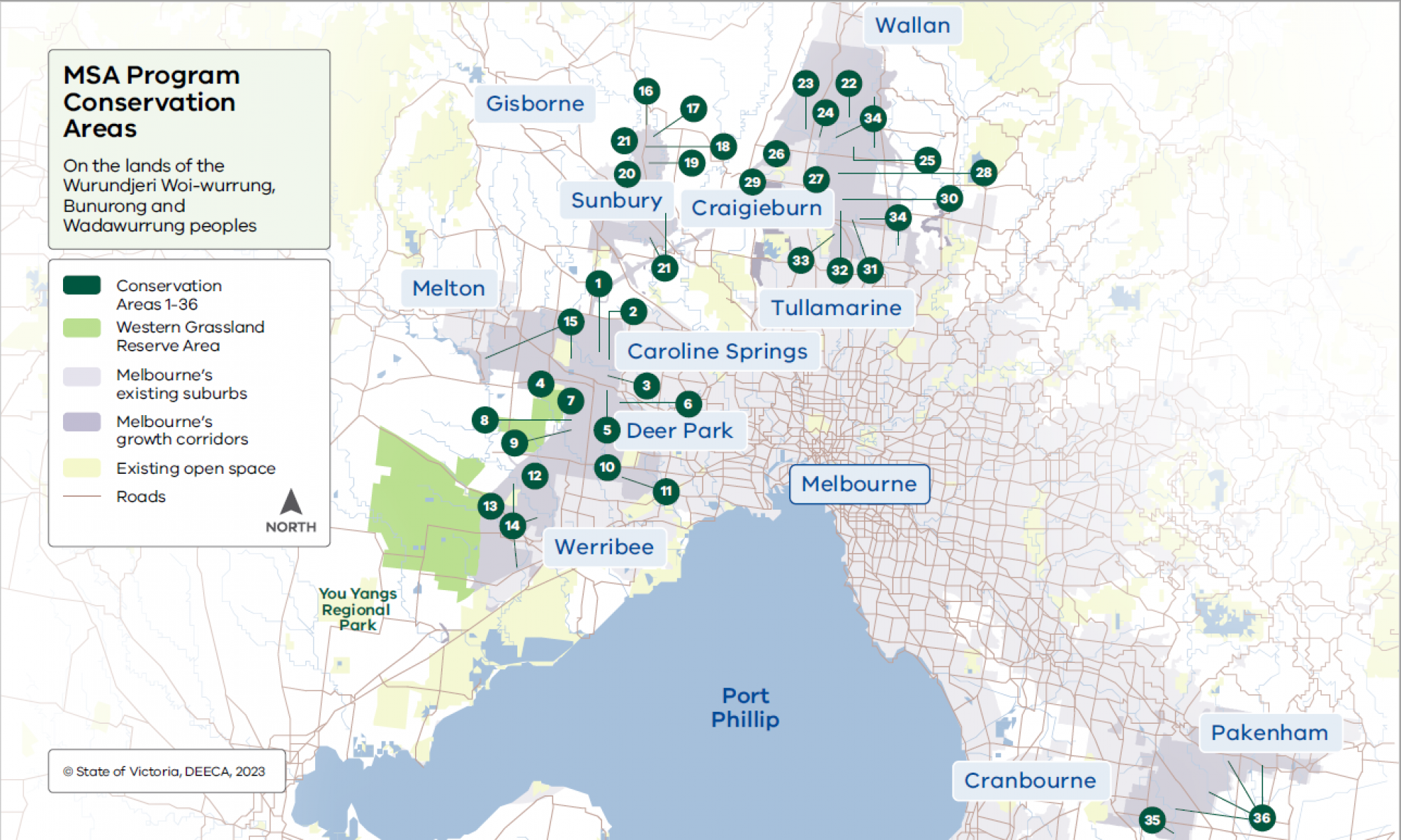 Map of the MSA program conservation areas. Conservations Areas 1-36, Western Grassland Reserve area, Melbourne's exisiting suburbs, Melbourne's groth corridors and existing open space. 