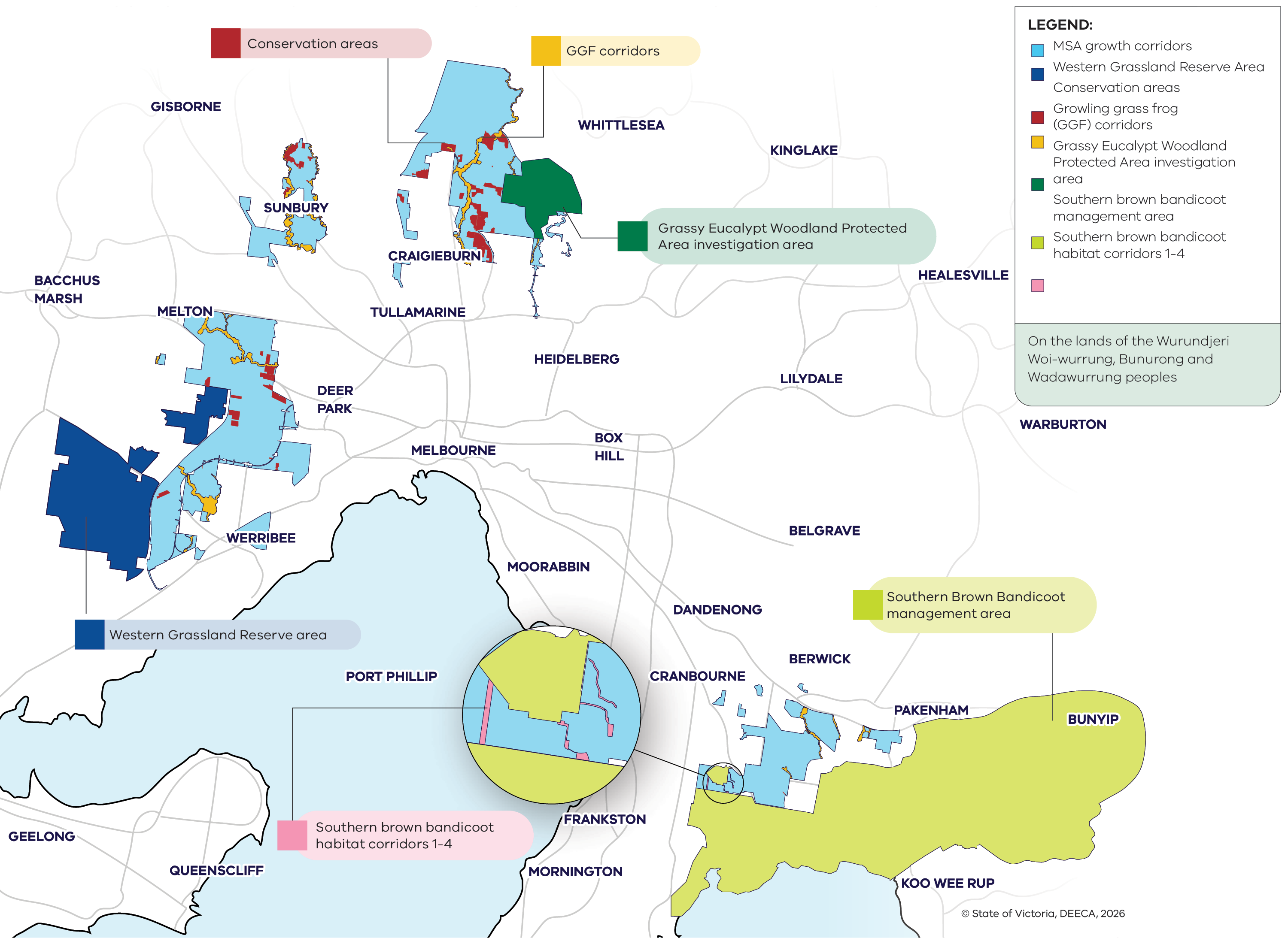 Map showing Melbourne Strategic Assessment (MSA) program conservation areas, reserves and management areas across metropolitan Melbourne, with numbered areas corresponding to different conservation purposes.