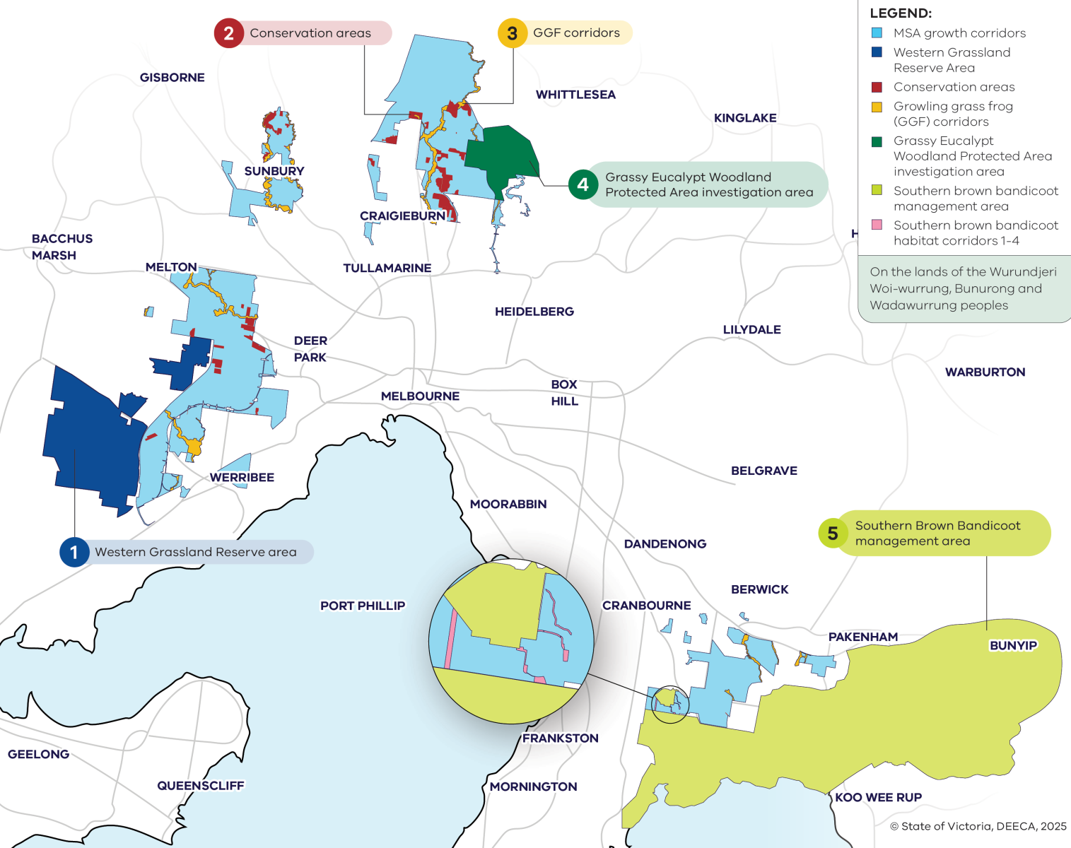Map showing Melbourne Strategic Assessment (MSA) program conservation areas, reserves and management areas across metropolitan Melbourne, with numbered areas corresponding to different conservation purposes.