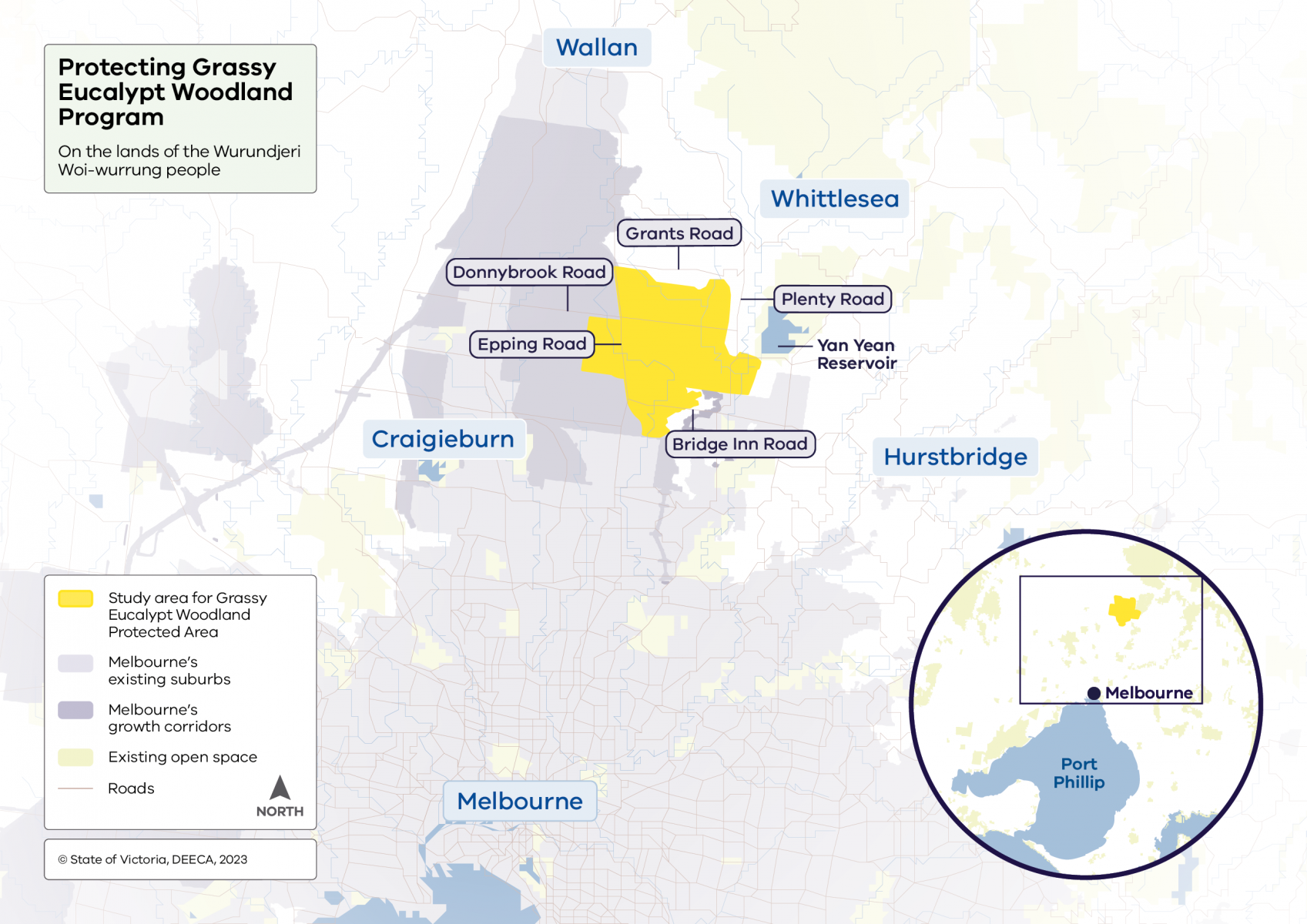 A map of the grassy eucalypt woodland program. Map includes a study area between plenty road, Grants road, Donnybrook rod, Epping Road and Bridge Road Inn (Whittlesea, Hurstbridge and Craigieburn)