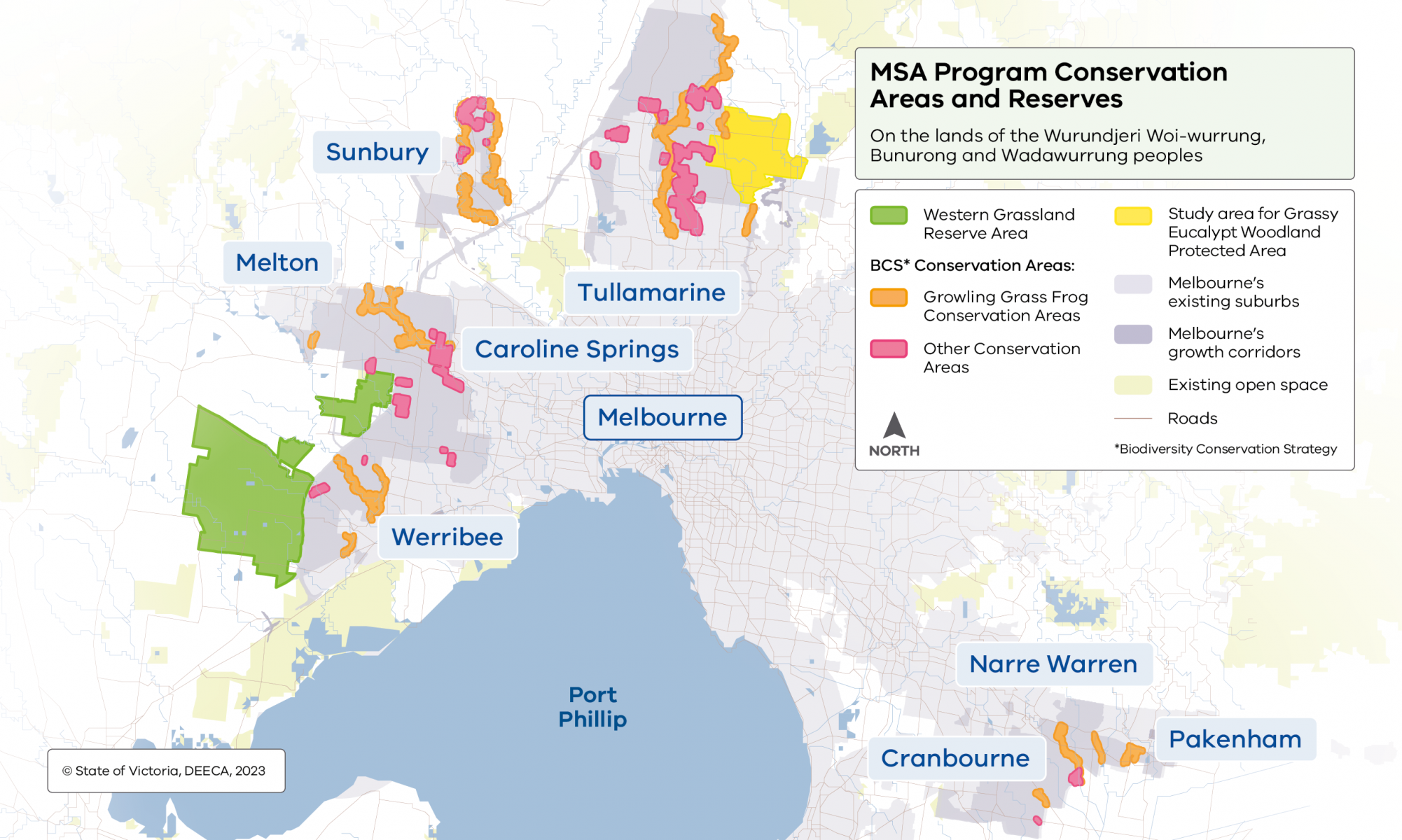 Map of MSA conservation areas and reserves. Map shows Sunbury, Melton, Tullamarine, Caroline Springs and Melbourne. 